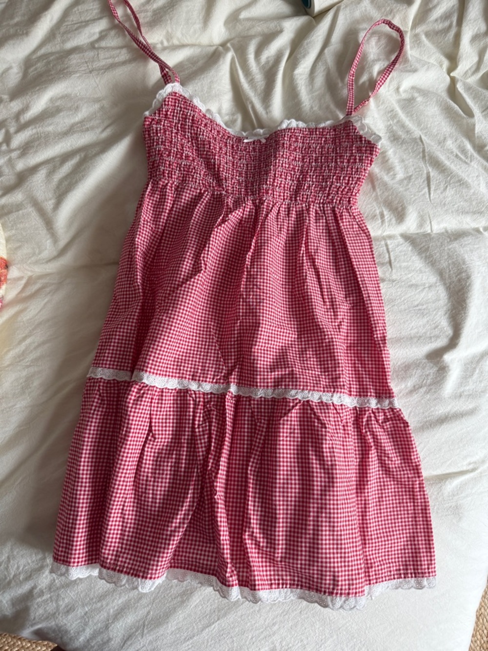 Frankie's Bikinis Red Gingham Dress with White Lace Trim